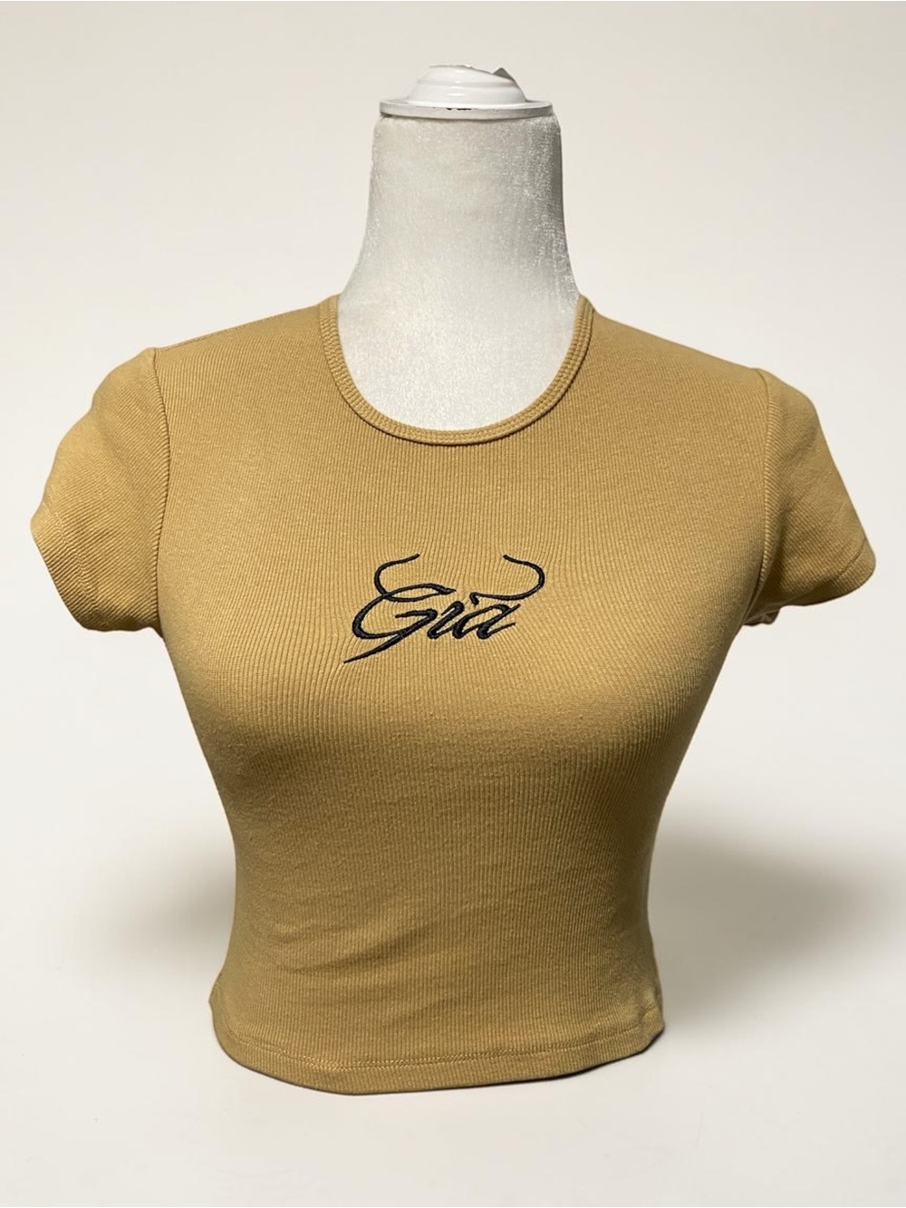 I.AM.GIA Women's Tan Baby Tee Crop Top Embroidered Ribbed XS 100% Cotton